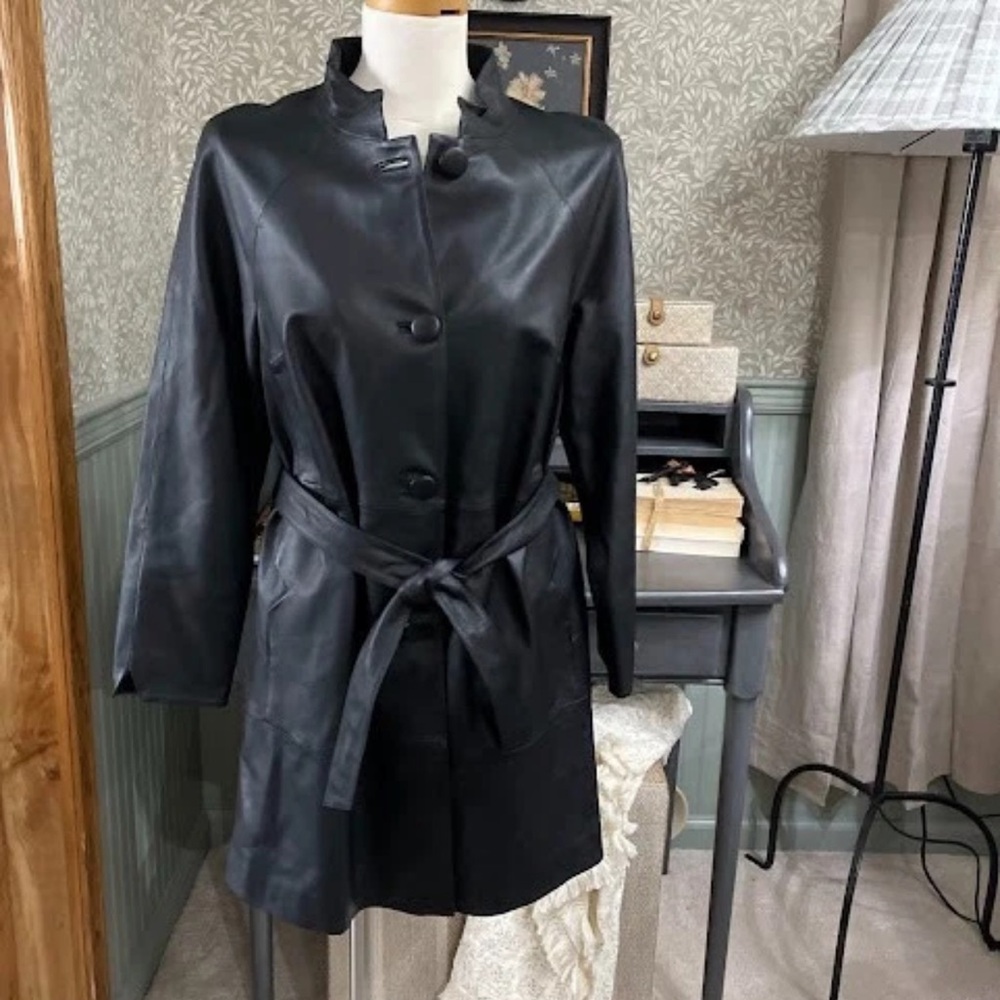 Suprema 100% Vera Pelle Leather Italy Black Trench Jacket Belt XXS